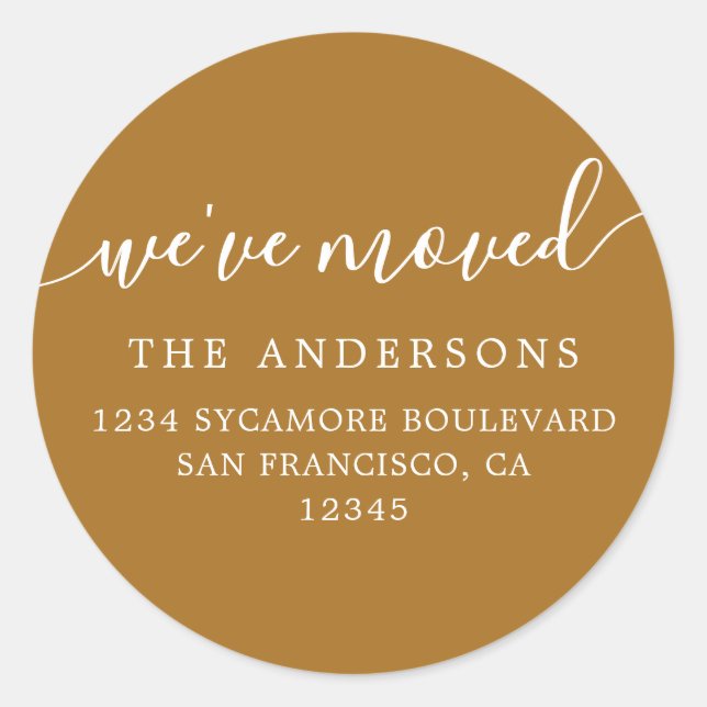 We've Moved Golden Brown New Address label (Front)