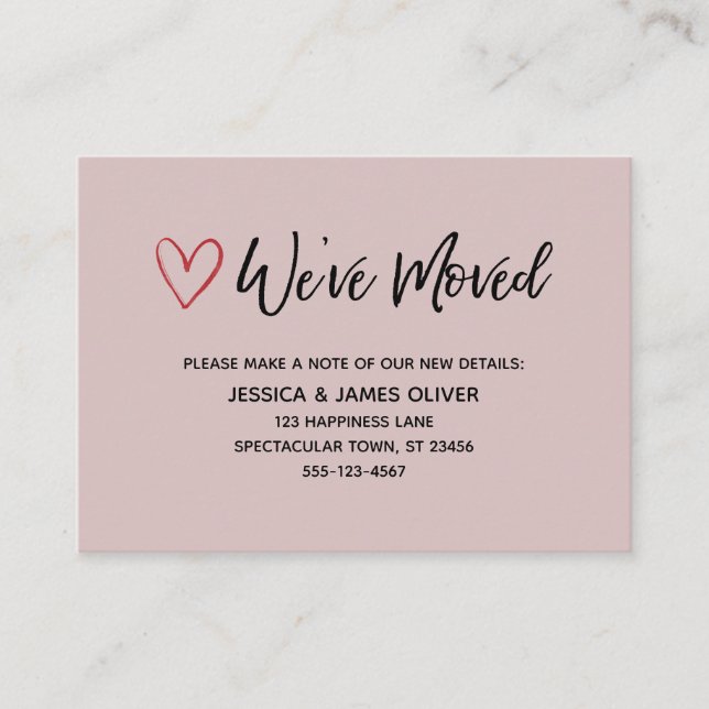 We've Moved Handwriting Red Hearts Dusty Rose Business Card (Front)