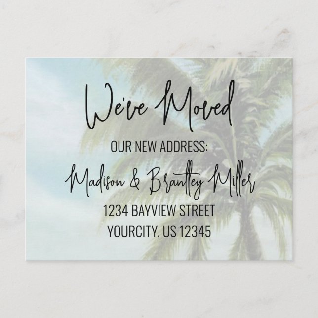We've Moved Handwritten Calligraphy Palm Tree  Pos Postcard (Front)