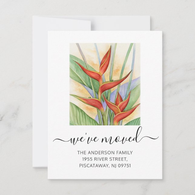 We've Moved Heliconia Floral Script Moving Announcement (Front)