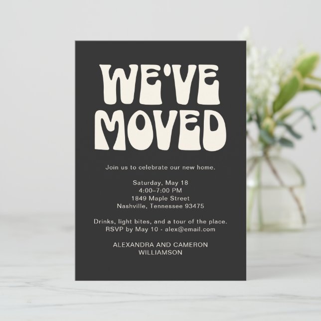 We've Moved Housewarming Party Black Retro Invitation (Standing Front)