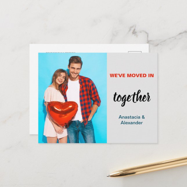 We've moved in together couple photo personalized  announcement postcard (Front/Back In Situ)