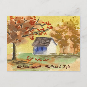 We've Moved Little Cottage Autumn Tree Fall Leaves Announcement Postcard