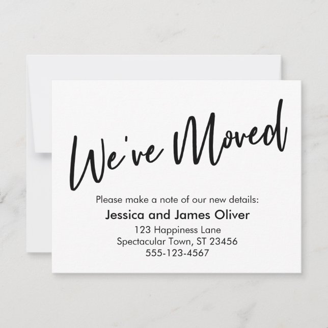 "We've Moved" Modern Handwriting Black White Card (Front)