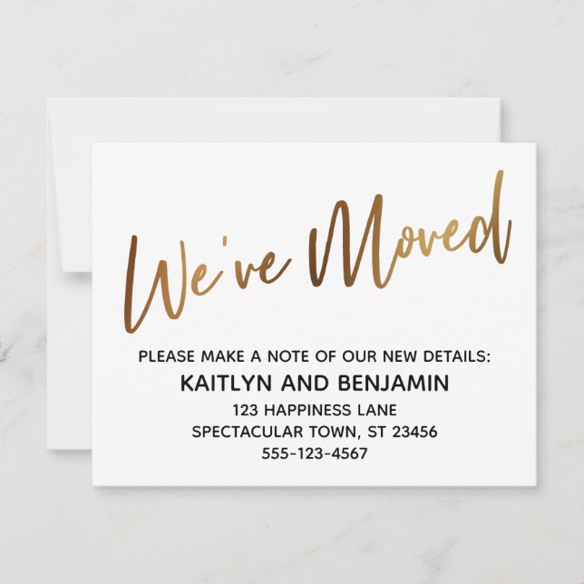 "We've Moved" Modern Handwriting Gold Type Card (Front)