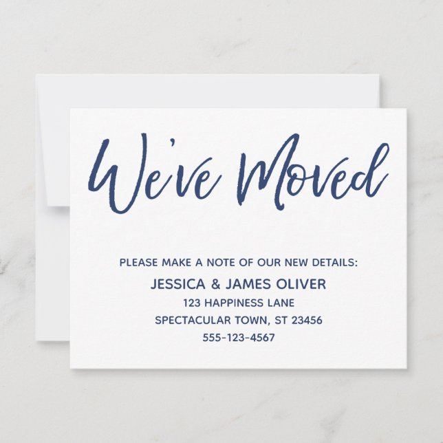 We've Moved Modern Handwriting Navy on White Card (Front)