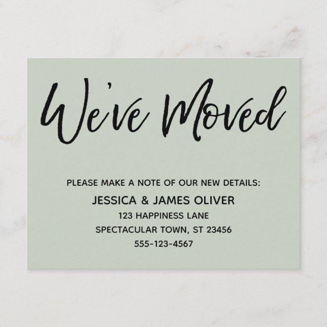 "We've Moved" Modern Handwriting Sage Green Card (Front)