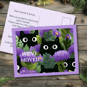 We've Moved Moving Announcement Black Cat Purple Postcard