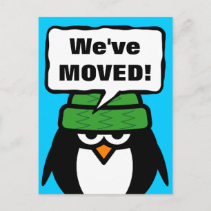 We've moved moving postcards with funny penguin