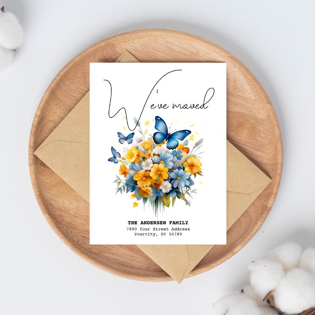 Weve Moved New Address Butterfly Watercolor Moving Announcement Postcard (We've moved announcement postcard, with beautiful blue yellow butterfly floral.)