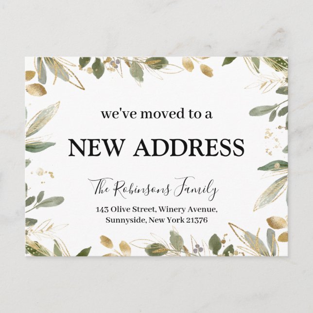 We've Moved New Address Gold Foliage Minimalist Announcement Postcard (Front)