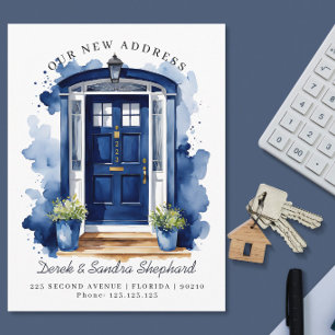 We've Moved New Address navy Watercolor Door Announcement Postcard