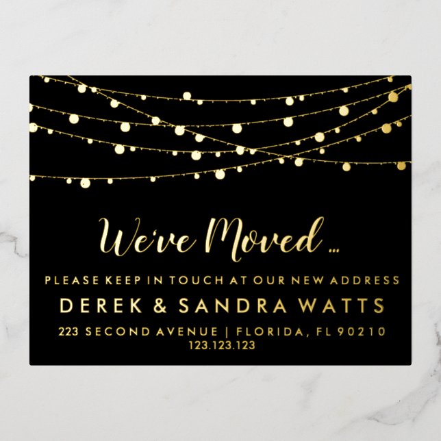 We've moved New address rustic christmas lights Foil Holiday Postcard (Front)