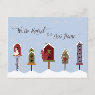 We've Moved, New Address Winter Birdhouses & Flags Announcement Postcard