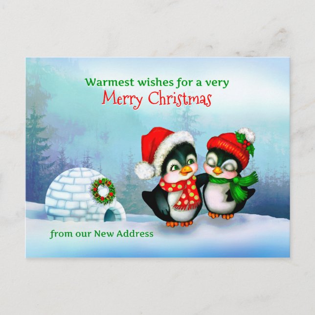 We've Moved, New Home Address Christmas Penguins Holiday Postcard (Front)