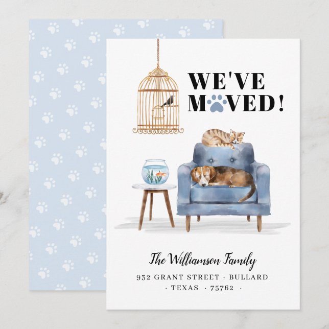 We've Moved New Home Dog & Cat Sleeping Blue Sofa Announcement (Front/Back)