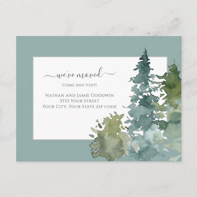 We've Moved New Home Script Pine Tree Teal Postcard (Front)