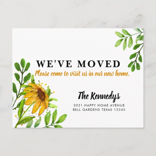 We've Moved New Home Yellow Floral Greenery Moving Announcement Postcard (Front)
