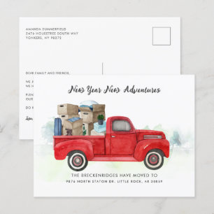 We've Moved New Year Adventures Red Truck Moving A Announcement Postcard