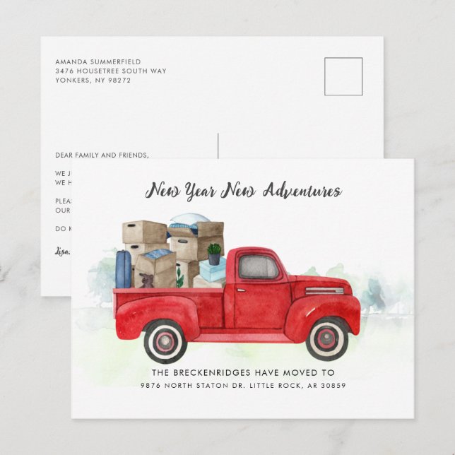 We've Moved New Year Adventures Red Truck Moving A Announcement Postcard (Front/Back)