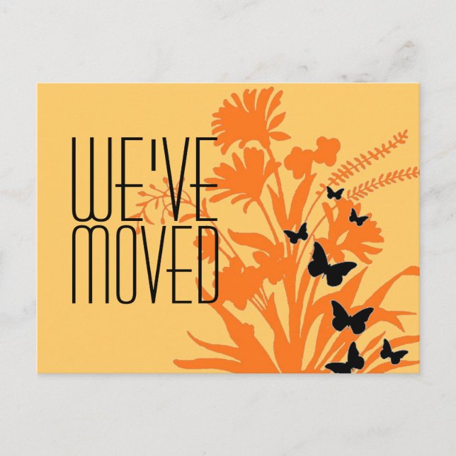 We've moved orange flower butterfly postcard (Front)