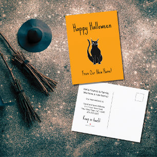 We've Moved Orange Halloween Black Cat Moving Announcement Postcard