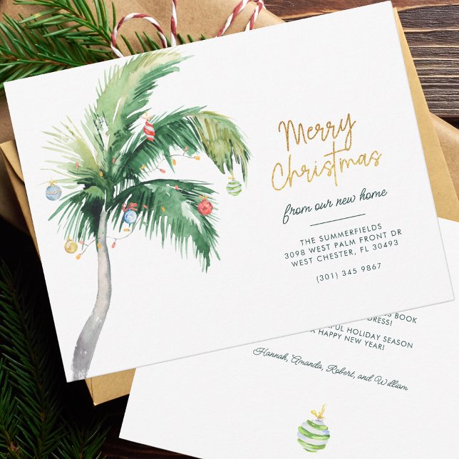 We've Moved Palm Tree Holiday Moving Announcement (Christmas Moving Announcement Palm Tree Family Coastal New Home Address)