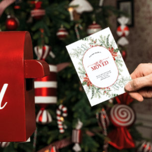 We've Moved Poinsettia Berry Greenery Announcement Postcard