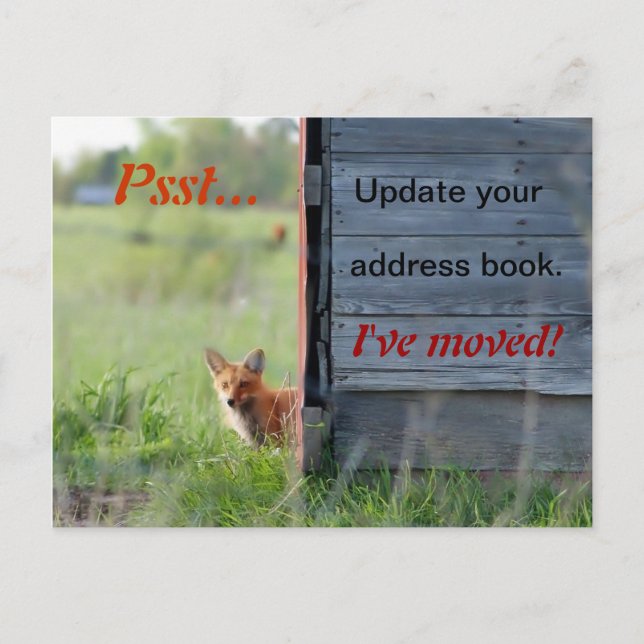 We've Moved Postcard (red fox in barn) (Front)