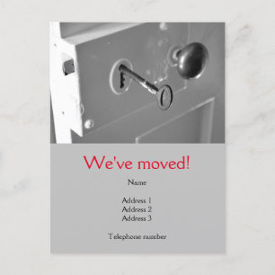 We've Moved Postcard with an old door & key