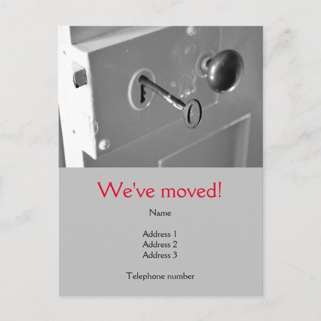We've Moved Postcard with an old door & key (Front)