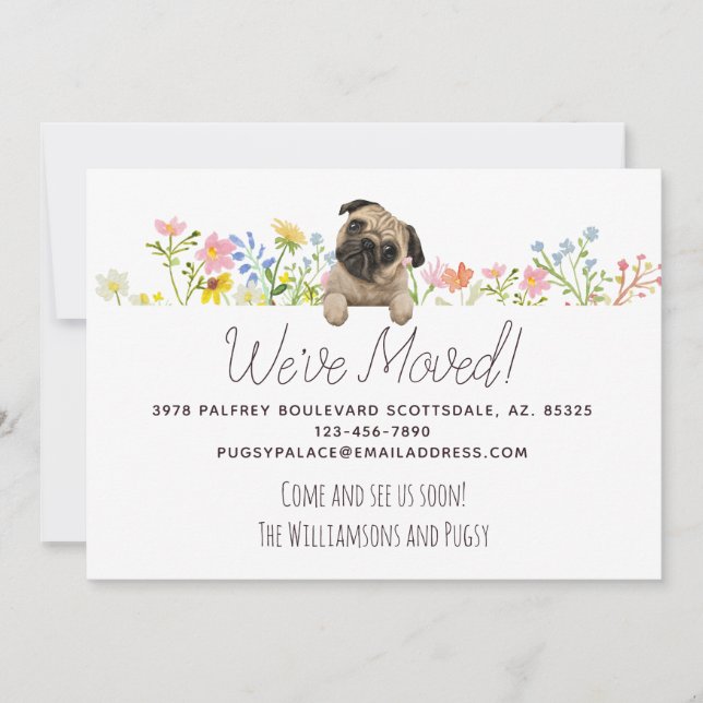 We've Moved! Pug and Flowers New Address  Announcement (Front)