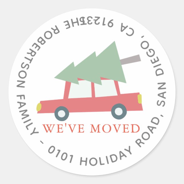 We've Moved Red Car Christmas Tree Holiday Address Classic Round Sticker (Front)