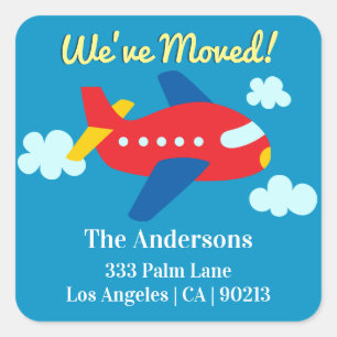 We've Moved, Red Cartoon Plane, Return Address Square Sticker