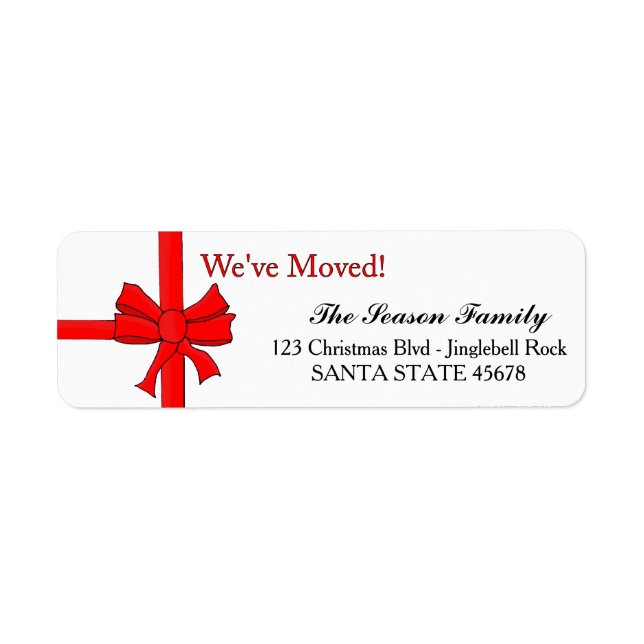 We've Moved Red ribbon bow Christmas label (Front)