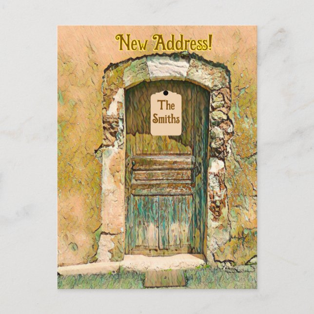 WE'VE MOVED!  RUSTIC PAINTED WOODEN DOOR POSTCARD (Front)