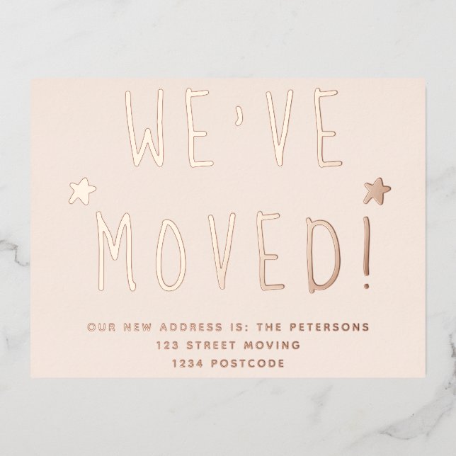 We've moved simple big black white script moving foil invitation postcard (Front)