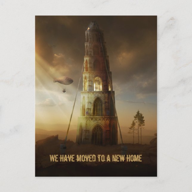 We've moved to a new home | Large Surreal Tower Announcement Postcard (Front)