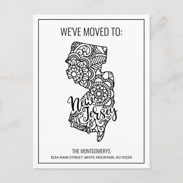 We've Moved To New Jersey State Floral Mandala Announcement Postcard (Front)