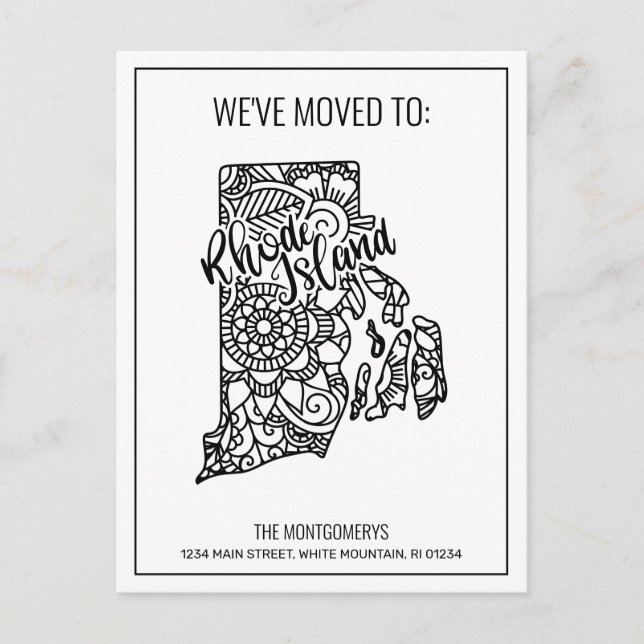 We've Moved To Rhode Island State Floral Mandala Announcement Postcard (Front)