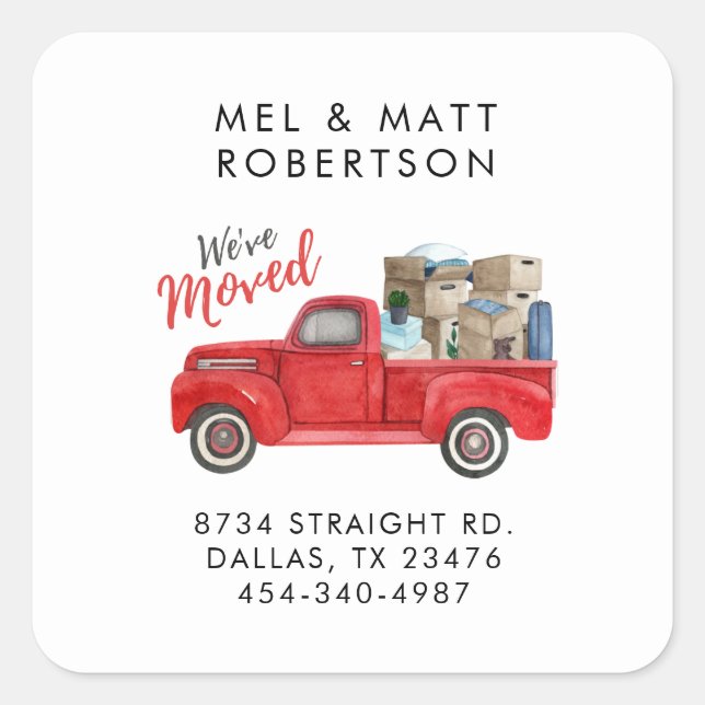 We've Moved Watercolor Red Truck Moving Square Sticker (Front)