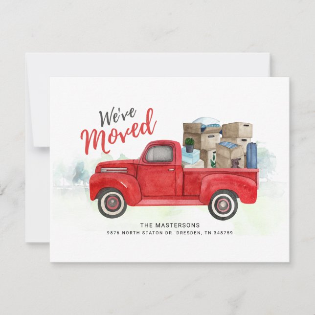 Weve Moved Watercolor Red Truck New Address Moving (Front)