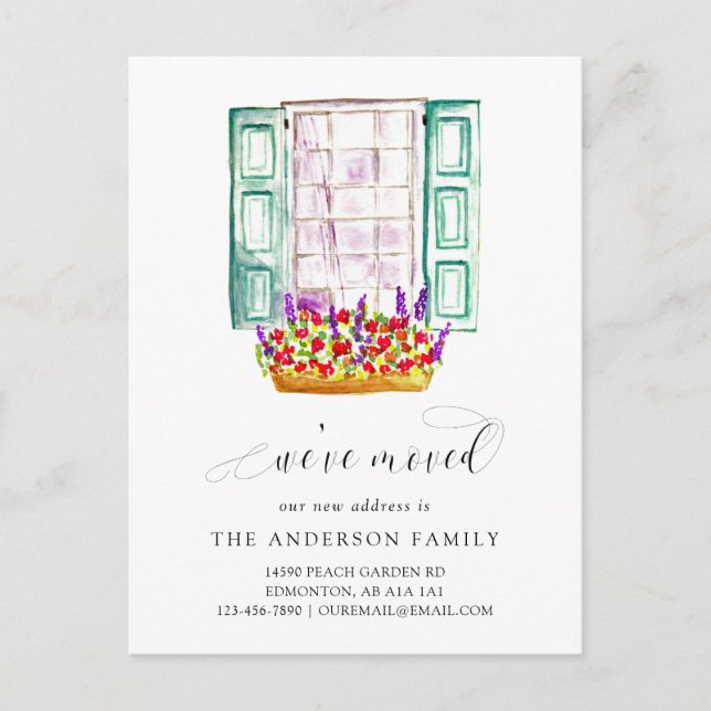 We've Moved Watercolor Window Flower Box Cute Announcement Postcard (Front)