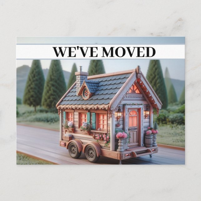WE'VE MOVED, Whimsical House on Wheels Open House Invitation Postcard (Front)