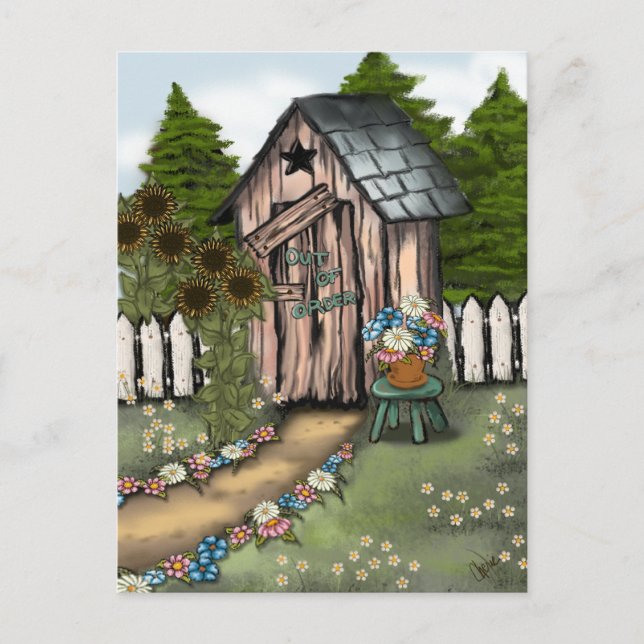 We've Moved! Whimsical Outhouse Postcard (Front)