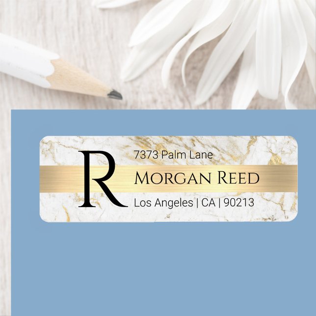 Wh/Gold Marble, Gold Bar Blk Name Monogram Address (Creator Uploaded)