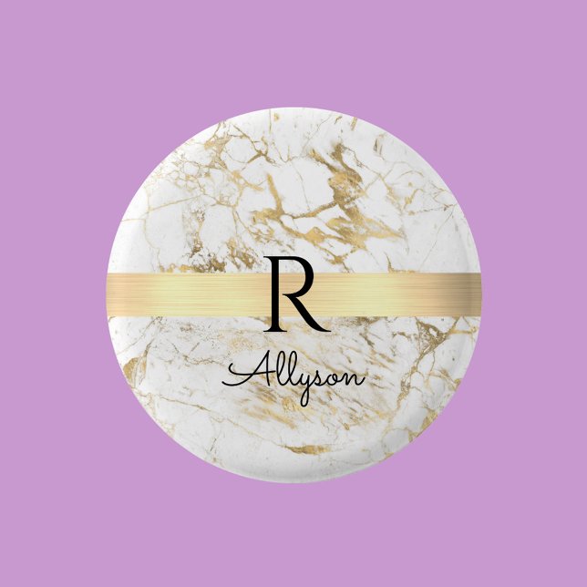 Wh & Gold Marble Gold Bar, DIY Black Name Monogram 1 Inch Round Button (Creator Uploaded)