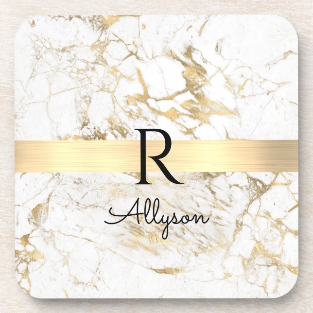 Wh & Gold Marble Gold Bar, DIY Black Name Monogram Coaster (Front)