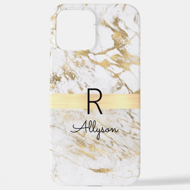 Wh & Gold Marble Gold Bar, DIY Black Name Monogram iPhone Case (Back)