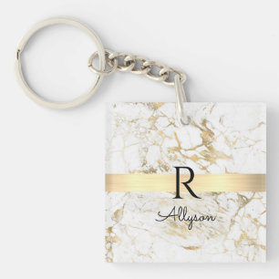 Wh & Gold Marble Gold Bar, DIY Black Name Monogram Keychain